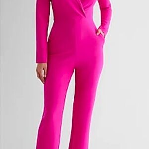 Express Hot Pink Jumpsuit with Long Sleeves and Plunging Neckline